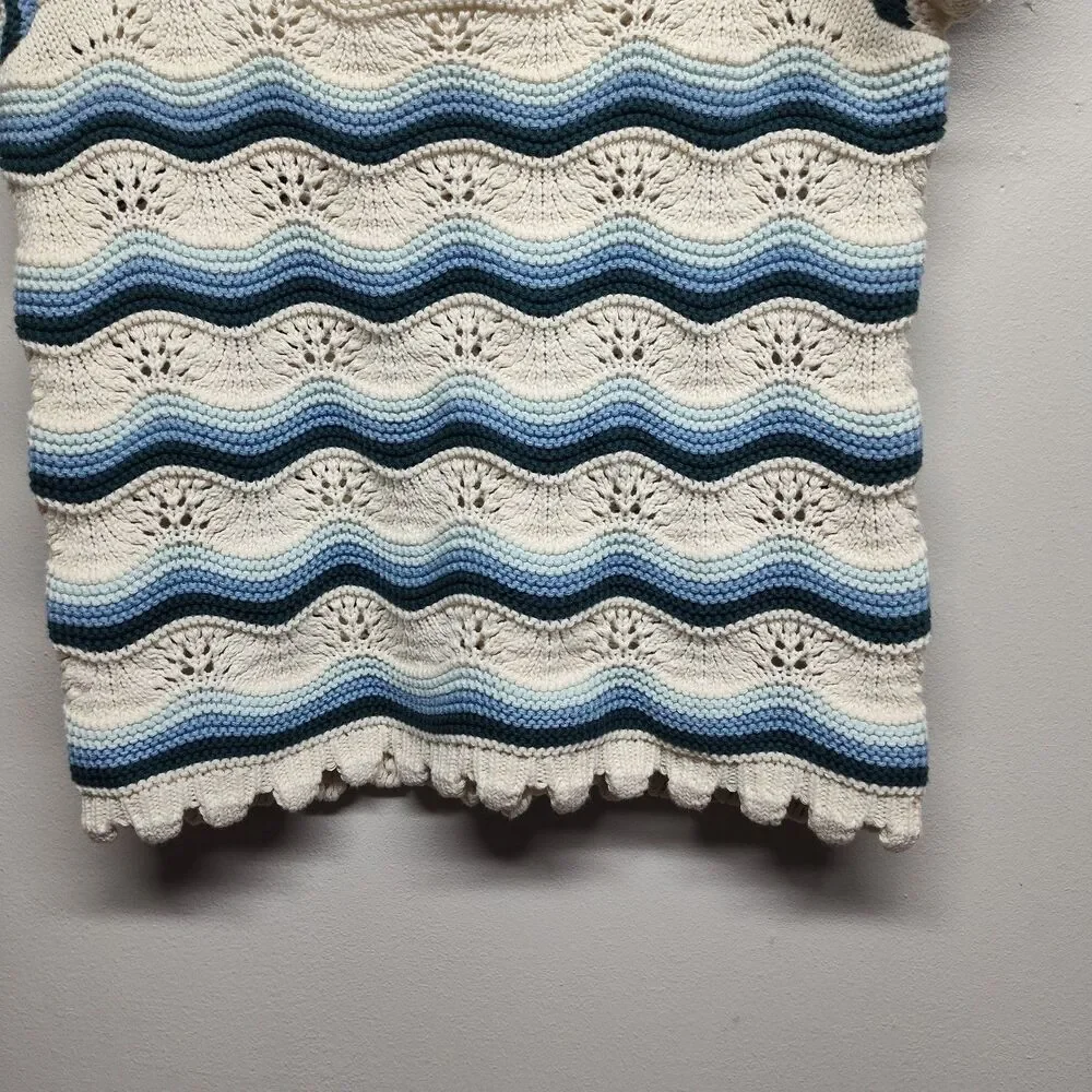 Crochet Top Women L Cream Blue Stripes Short Sleeve Spring Beachy Boho Casual - Picture 4 of 7